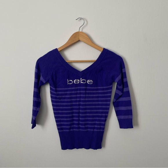 Y2K Retro Purple Striped Plunging Vneck Bebe Sweater Women’s Fitted Small - Picture 1 of 4